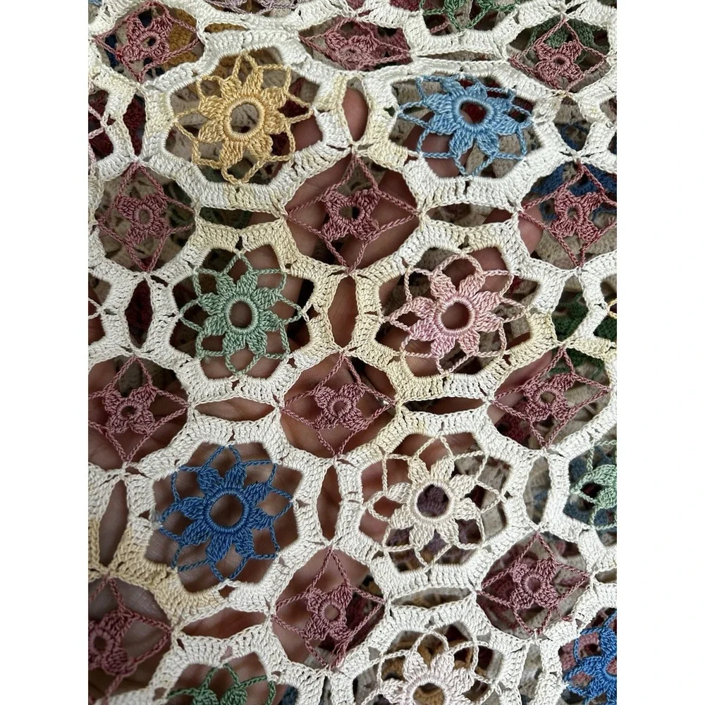 VTG Hand Crocheted Floral Heirloom Tablecloth Colorful & Ecru 60x60